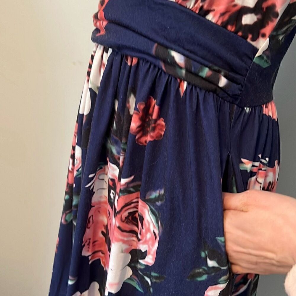 Women's Blue & Pink Floral Print V-Neck Short Sleeve Wrap Dress - Picture 3 of 8